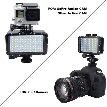 An LED light bar camera attachment shown in two mounting configurations on a white background: mounted above a GoPro action camera labeled 'FOR: GoPro Action CAM Other Action CAM,' and mounted above a DSLR SLR camera labeled 'FOR: SLR Camera.'.