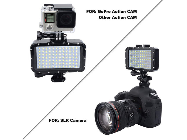 An LED light bar camera attachment shown in two mounting configurations on a white background: mounted above a GoPro action camera labeled 'FOR: GoPro Action CAM Other Action CAM,' and mounted above a DSLR SLR camera labeled 'FOR: SLR Camera.'.