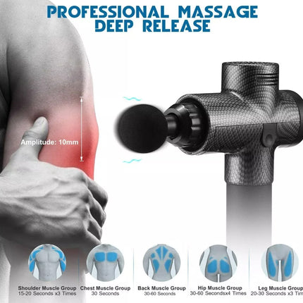 A promotional graphic for a professional massage deep release device. The right side shows a close-up of the black and gray textured handheld massage gun, while the left side shows a person's shoulder and upper back with a red highlighted muscle area and text indicating 10mm amplitude.
