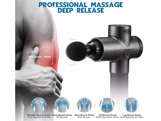 A promotional graphic for a professional massage deep release device. The right side shows a close-up of the black and gray textured handheld massage gun, while the left side shows a person's shoulder and upper back with a red highlighted muscle area and text indicating 10mm amplitude.