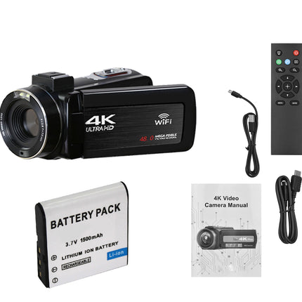 4K video camera with battery pack, remote control, and manual on a white background