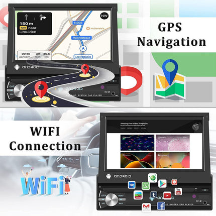 GPS navigation system with map display and WiFi connection feature on a white background