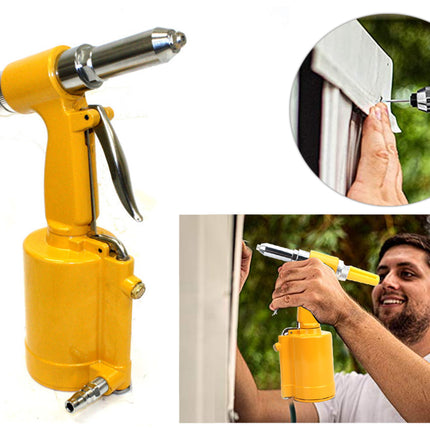 Yellow pneumatic nail gun tool shown on a white background, with two inset photos demonstrating use: one circular close-up of the tip applying material to a trim edge, and one wider photo of a man using the tool outdoors.