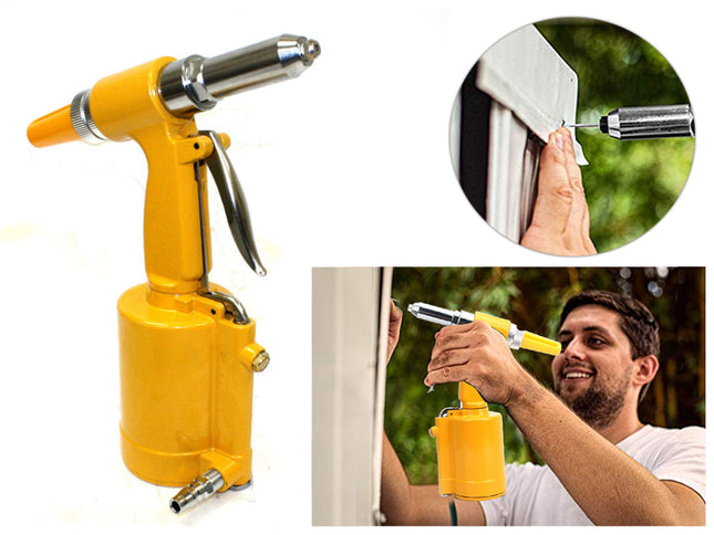 Yellow pneumatic nail gun tool shown on a white background, with two inset photos demonstrating use: one circular close-up of the tip applying material to a trim edge, and one wider photo of a man using the tool outdoors.