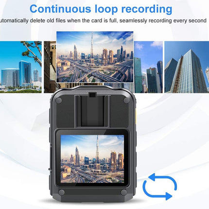 Camera device with screen displaying cityscape, surrounded by images of buildings and blue sky.