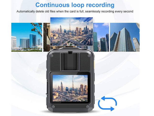 Camera device with screen displaying cityscape, surrounded by images of buildings and blue sky.