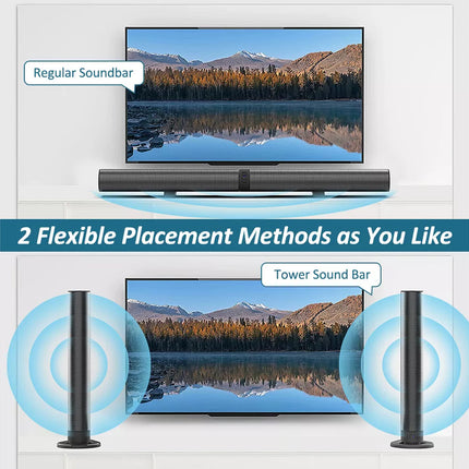 Soundbar with flexible placement methods shown on a TV screen