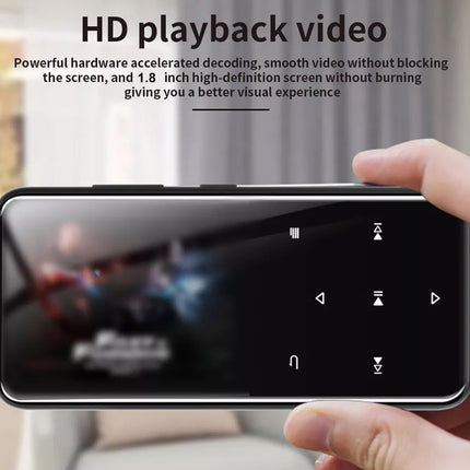 A hand holding a black rectangular electronic device with a glossy screen and rounded corners, shown against a blurred indoor background. Text at the top reads 'HD playback video' with descriptive copy about hardware-accelerated decoding and a 1.