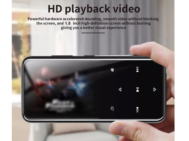 A hand holding a black rectangular electronic device with a glossy screen and rounded corners, shown against a blurred indoor background. Text at the top reads 'HD playback video' with descriptive copy about hardware-accelerated decoding and a 1.
