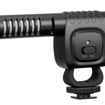 Black microphone with a switch on a white background