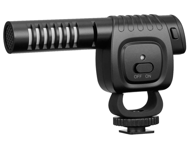 Black microphone with a switch on a white background