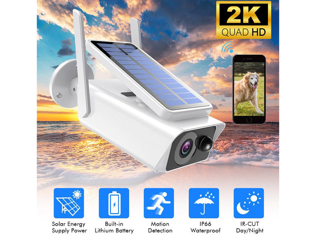 Solar-powered security camera with smartphone app on a scenic background