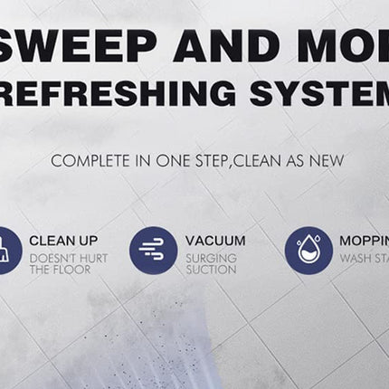 Advertisement for a sweep and mop refreshing system on a tiled floor.