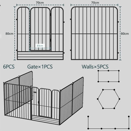 Black and white line drawing showing dimensions and assembly counts for a pet playpen: one arched gate labeled 70cm by 80cm, five walls labeled 70cm by 80cm, and a total of 6 pieces including 1 gate and 5 walls. A 3D rendered partial enclosure is also shown on a light gray background.