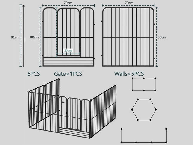 Portable Dog Playpen Metal Fence - RoverDen | 6 Panels 70x80cm Foldable Pet Play Pen Kennel, Heavy Duty Exercise Barrier Yard