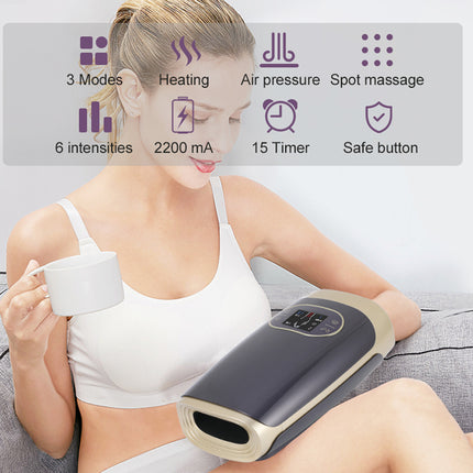 Woman using a massage device with feature icons displayed above her.
