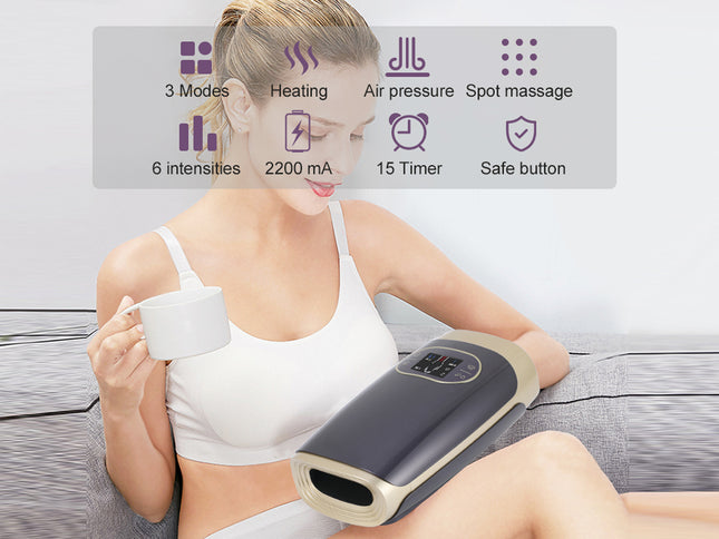 Woman using a massage device with feature icons displayed above her.