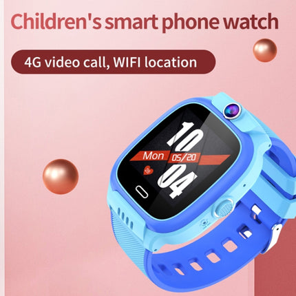 A children's smart phone watch with a blue and light blue silicone strap and a black digital display, shown against a pink background with promotional text reading 'Children's smart phone watch' and '4G video call, WIFI location'.