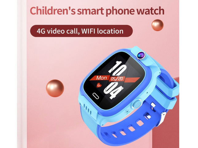 A children's smart phone watch with a blue and light blue silicone strap and a black digital display, shown against a pink background with promotional text reading 'Children's smart phone watch' and '4G video call, WIFI location'.