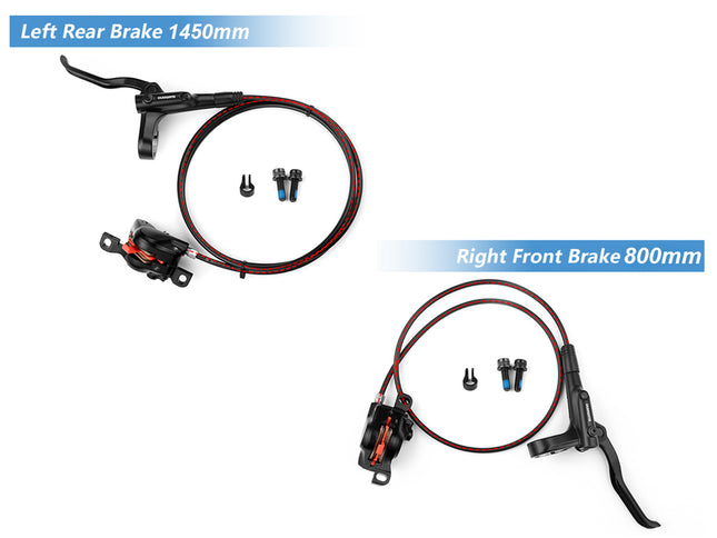 Bicycle brake components with measurements on a white background