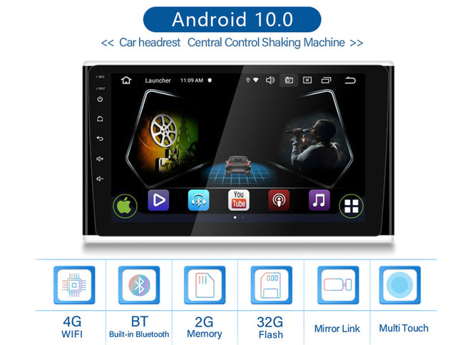 Car multimedia system with Android 10.0 OS on a white background
