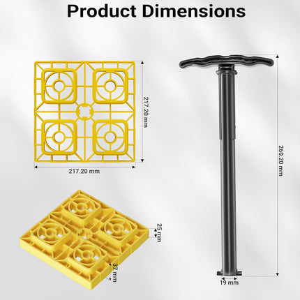 Product dimensions diagram showing a black pump handle with a T-shaped grip and a yellow plastic foot pedal, with dimension labels for both items on a light gray background.