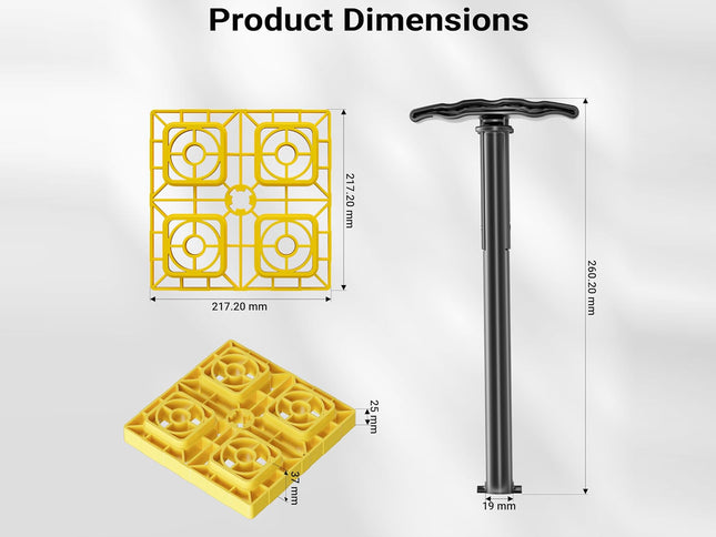 Product dimensions diagram showing a black pump handle with a T-shaped grip and a yellow plastic foot pedal, with dimension labels for both items on a light gray background.