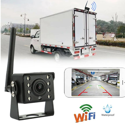 Rearview camera system with truck on road and inset showing camera view.