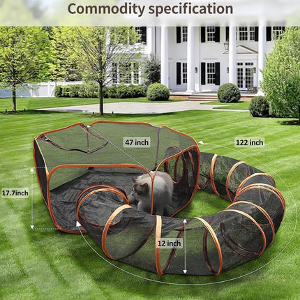 A dog playpen set up on a green lawn in front of a white house, with measurement labels showing dimensions of the enclosure. The product appears to be a black mesh playpen with orange trim and a tunnel section, and a small gray dog is visible inside.