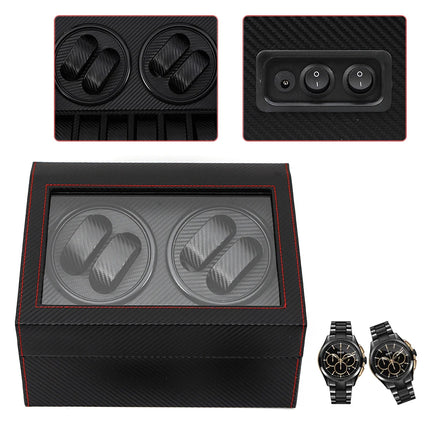 Black watch box with carbon fiber texture and two black watches on a white background