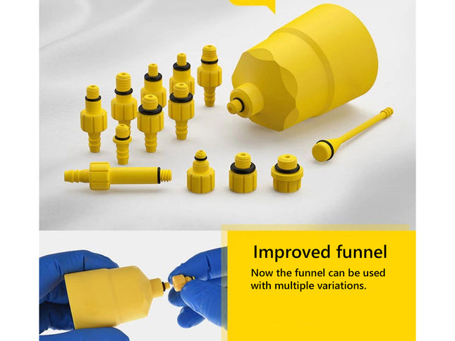 Yellow plumbing connectors and improved funnel on a white background