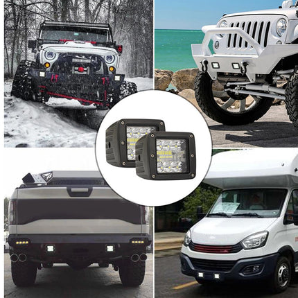 Collage of vehicles with LED lights on, including a truck, Jeep, and van, with a close-up of the LED lights.