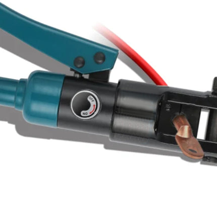 A close-up of a hydraulic crimping tool with teal handles, a black body, a red cable, and a copper contact tip, shown on a white background.