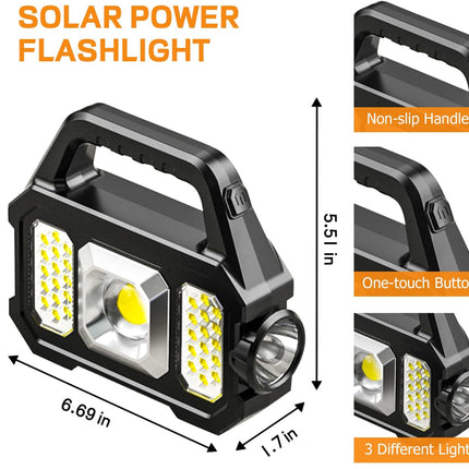 Solar LED Work Light, 1200LM USB Rechargeable Camping Torch with Power Bank - 6 Modes for Emergency & Outdoor Use