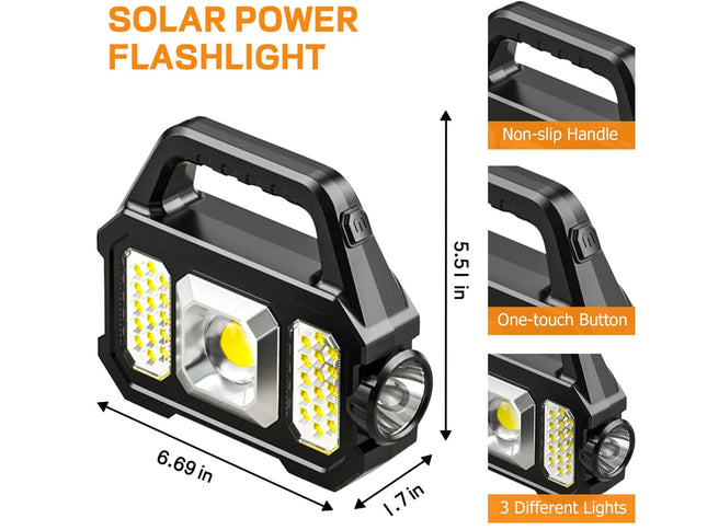 Solar LED Work Light, 1200LM USB Rechargeable Camping Torch with Power Bank - 6 Modes for Emergency & Outdoor Use