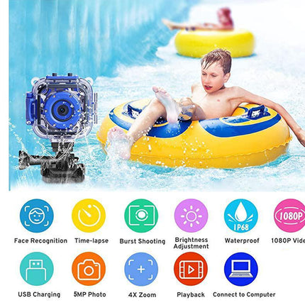 Waterproof action camera shown beside a child floating in a yellow pool float, with feature icons and text below including face recognition, time-lapse, burst shooting, brightness adjustment, waterproof, 1080P video, USB charging, 5MP photo, 4X zoom, playback, and connect to computer.