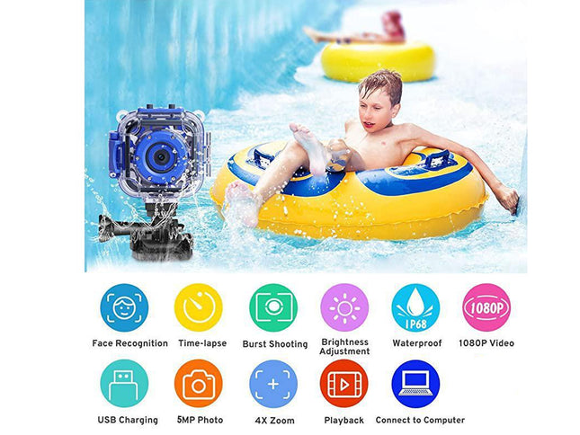 Waterproof action camera shown beside a child floating in a yellow pool float, with feature icons and text below including face recognition, time-lapse, burst shooting, brightness adjustment, waterproof, 1080P video, USB charging, 5MP photo, 4X zoom, playback, and connect to computer.