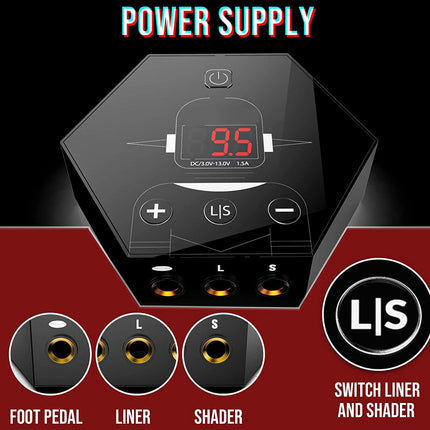 Power supply device with digital display and control buttons on a red and black background.