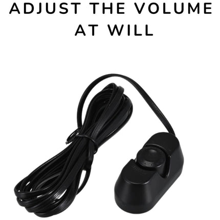 Black volume control knob with cable on a white background