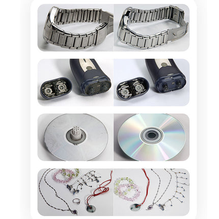 A collage of product views showing a silver metal link bracelet watch band, its internal components, a round silver metal disc, and several small jewelry pieces laid out below.