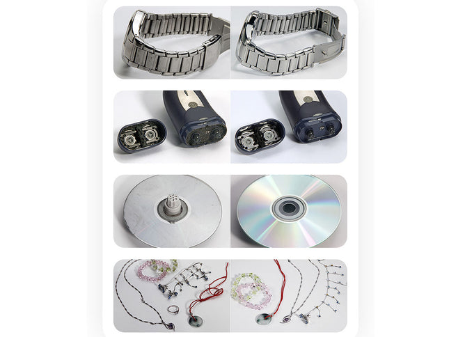 A collage of product views showing a silver metal link bracelet watch band, its internal components, a round silver metal disc, and several small jewelry pieces laid out below.