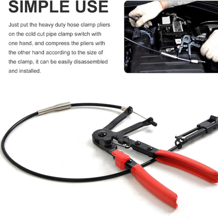 Heavy-duty hose clamp pliers with text on simple use on a white background