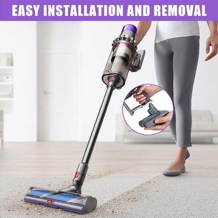 Person using a cordless vacuum cleaner with text about easy installation and removal.
