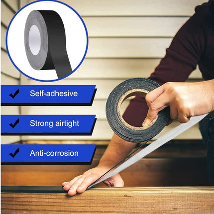 Person applying self-adhesive tape to a window seal with product features highlighted.