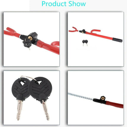 Set of keys and a tool with red and black components on a white background