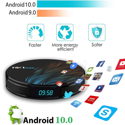 A black round smart TV box labeled HK1max with a digital display showing 09:58, surrounded by app icons and text highlighting Android 10.0, Android 9.