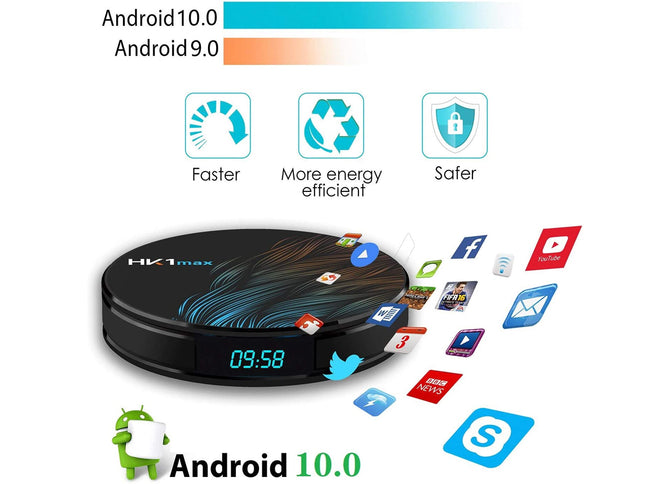 A black round smart TV box labeled HK1max with a digital display showing 09:58, surrounded by app icons and text highlighting Android 10.0, Android 9.