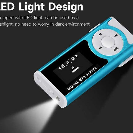 Blue digital mp3 player with LED light on a dark background
