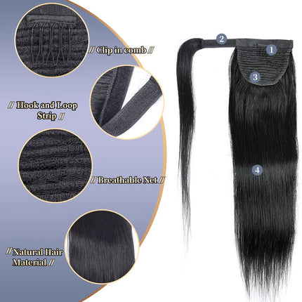 Black hair extension with labeled components on a gray background