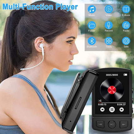T6 Bluetooth MP3 Player New 32GB with 1.8" TFT Touch Screen, FM Radio, HD Voice Recording, Pedometer, Bluetooth v5.3, Clip-On Design